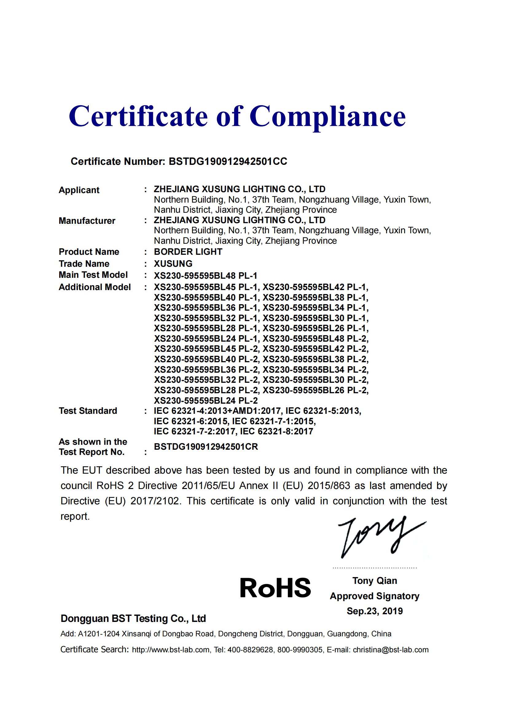 RoHS Certificate of Edge Light Panel